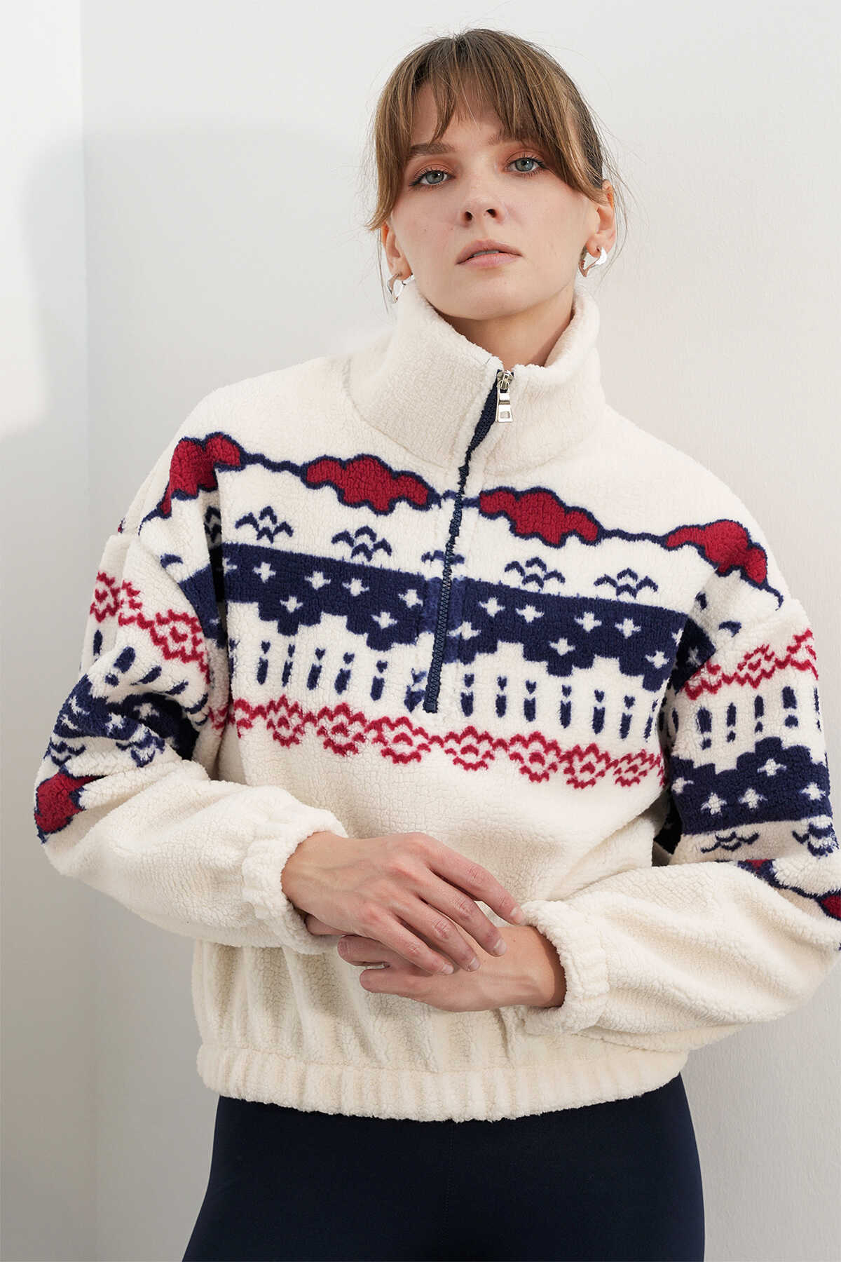Kadın Yarım Fermuarlı Peluş Sweatshirt 55466 - Bej - 1