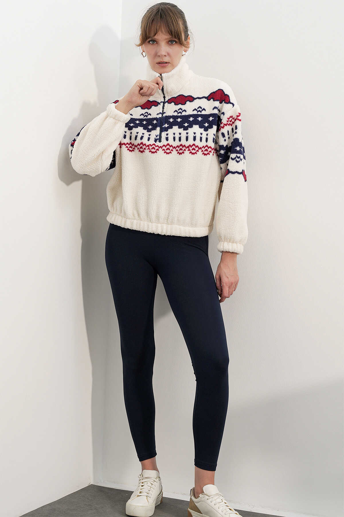 Kadın Yarım Fermuarlı Peluş Sweatshirt 55466 - Bej - 2