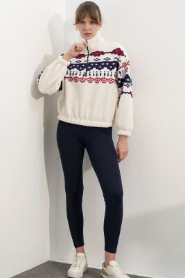 Kadın Yarım Fermuarlı Peluş Sweatshirt 55466 - Bej - 2