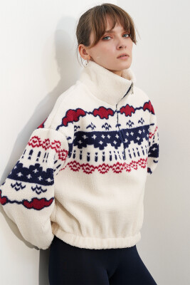 Kadın Yarım Fermuarlı Peluş Sweatshirt 55466 - Bej - 3