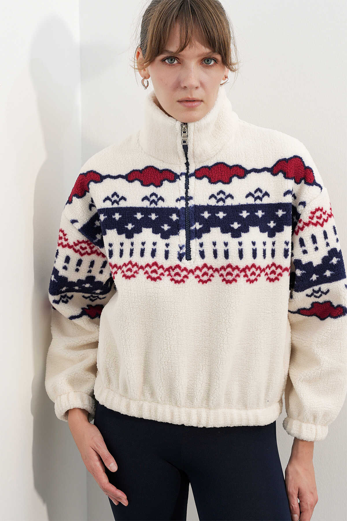 Kadın Yarım Fermuarlı Peluş Sweatshirt 55466 - Bej - 4