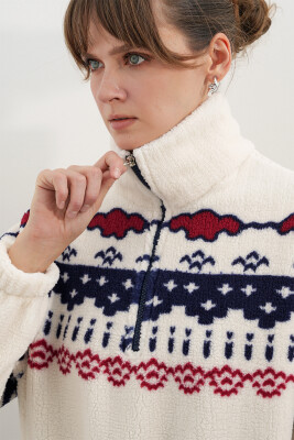 Kadın Yarım Fermuarlı Peluş Sweatshirt 55466 - Bej - 5