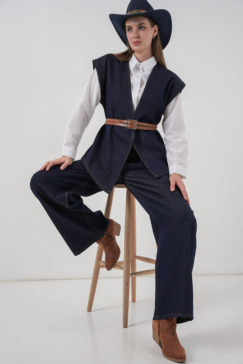 Kadın Yelek Pantolon Kot İkili Takım 30062 - Koyu Mavi - BİGDART