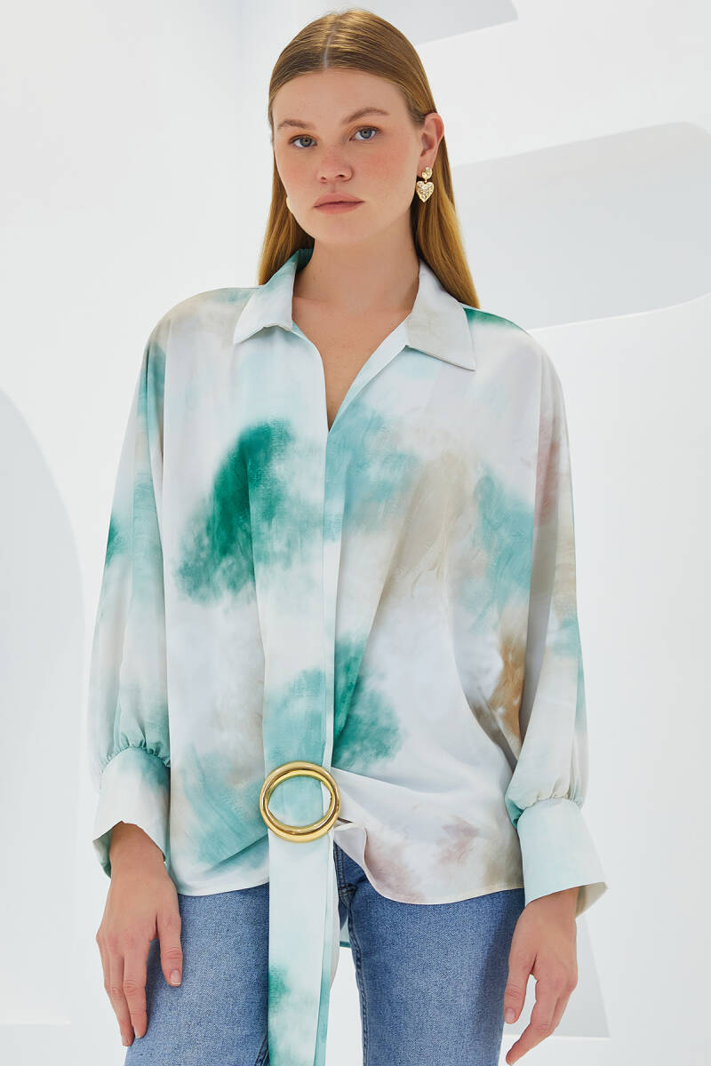 Kadın Yeşil Ekru Oversize Dökümlü Saten Gömlek 907 - BİGDART