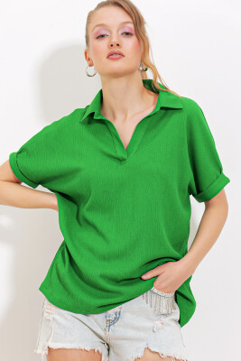 Kadın Yeşil Oversize Polo Yaka Örme Bluz 0486 - BİGDART