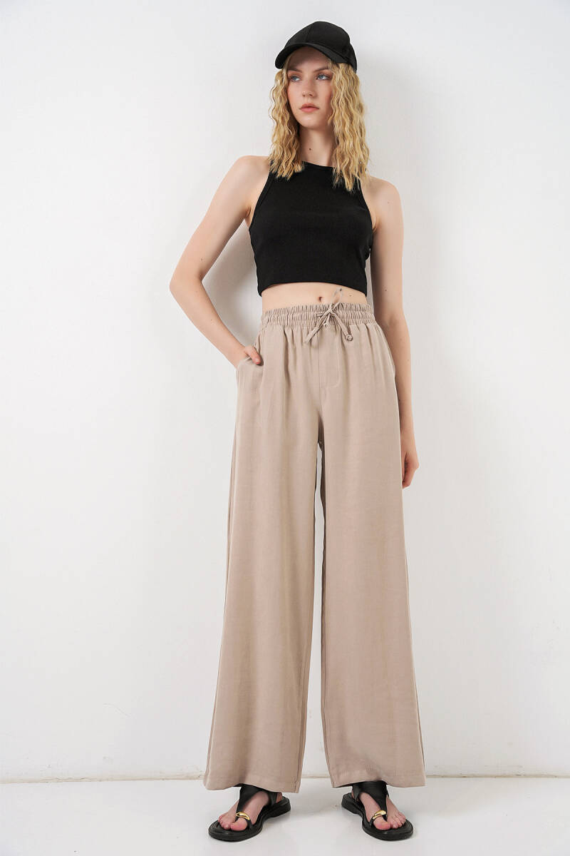 Kadın Yüksek Bel Geniş Paça Pantolon 30097 - Bej - BİGDART