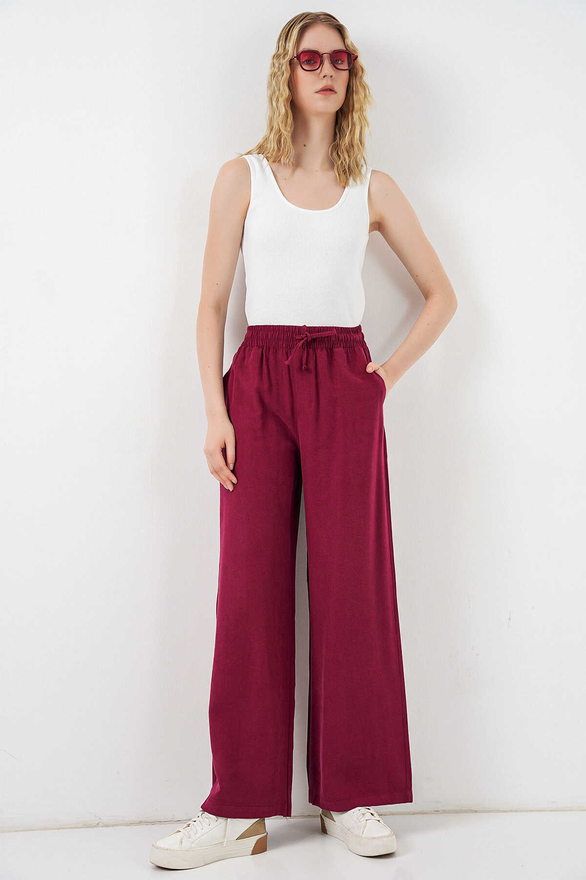 Kadın Yüksek Bel Geniş Paça Pantolon 30097 - Bordo - 1