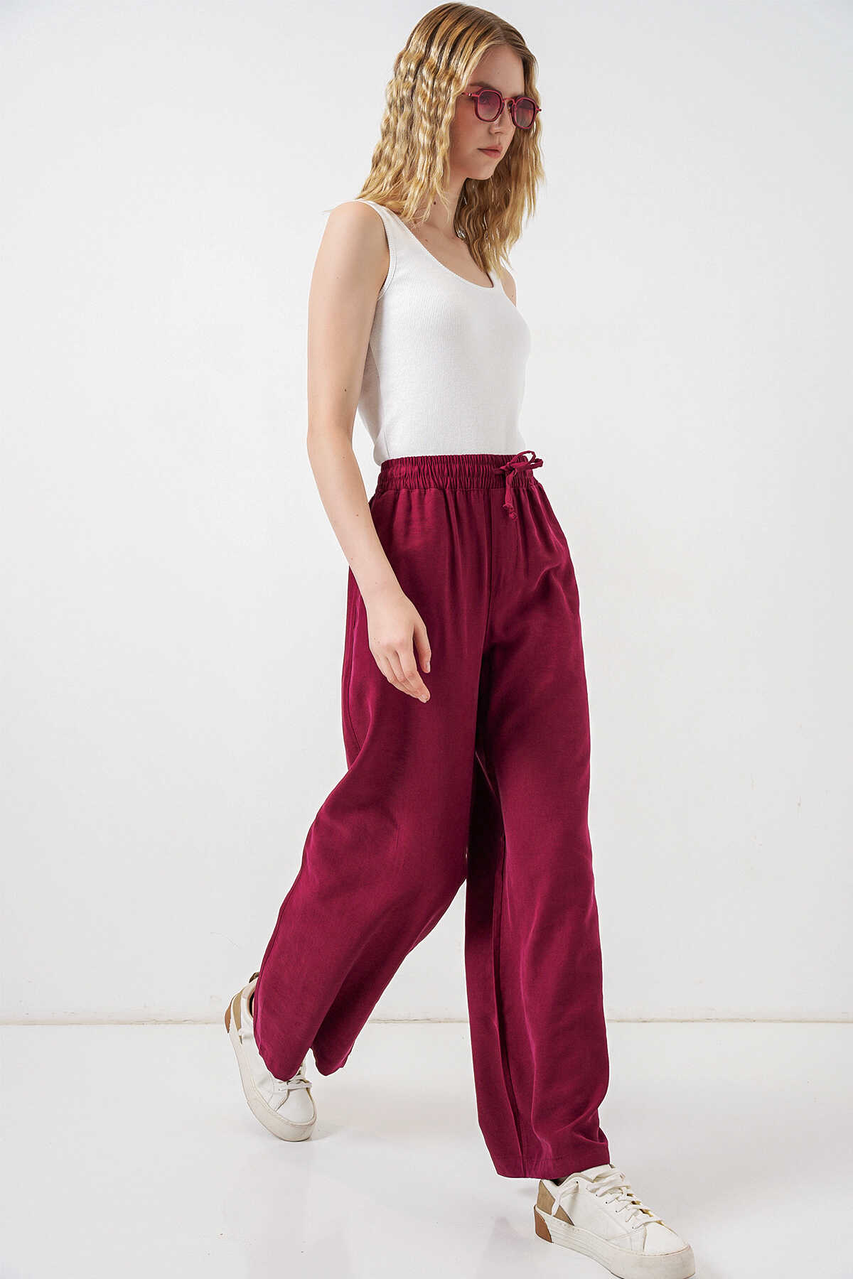 Kadın Yüksek Bel Geniş Paça Pantolon 30097 - Bordo - 3
