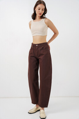 Kadın Yüksek Bel Kot Pantolon 30081 - Kahverengi - 5