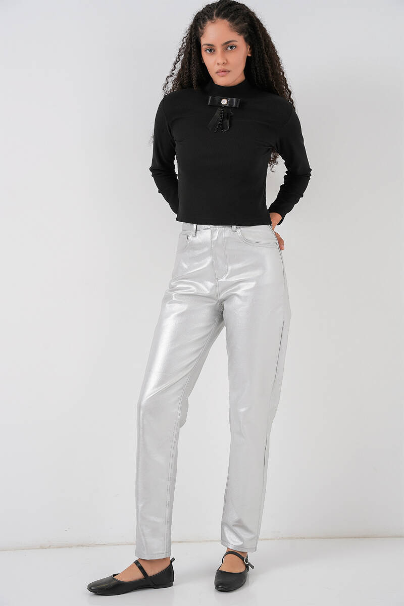 Kadın Yüksek Bel Parlak Pantolon 6738 - Gümüş - BİGDART