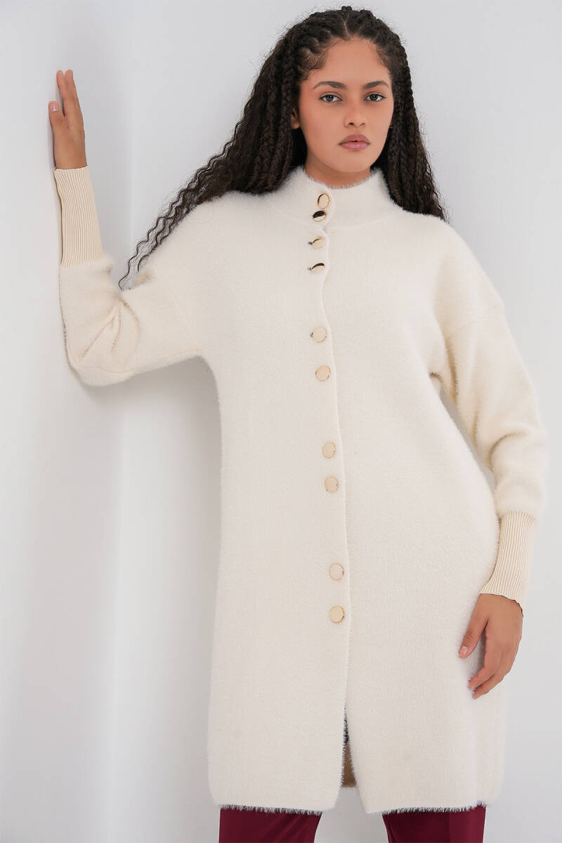 Kadın Yumuşak Dokulu Uzun Triko Hırka 15953 - Ekru - BİGDART