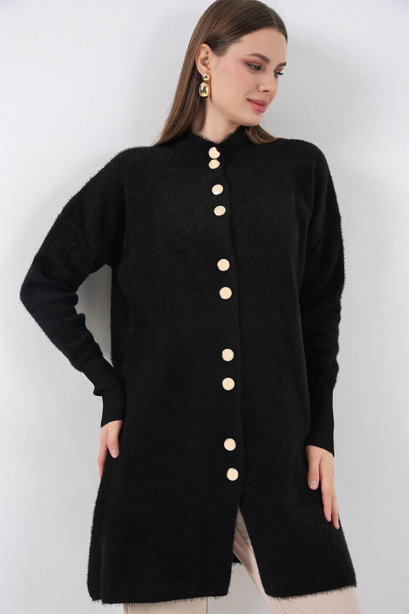 Kadın Yumuşak Dokulu Uzun Triko Hırka 15953 - Siyah - BİGDART