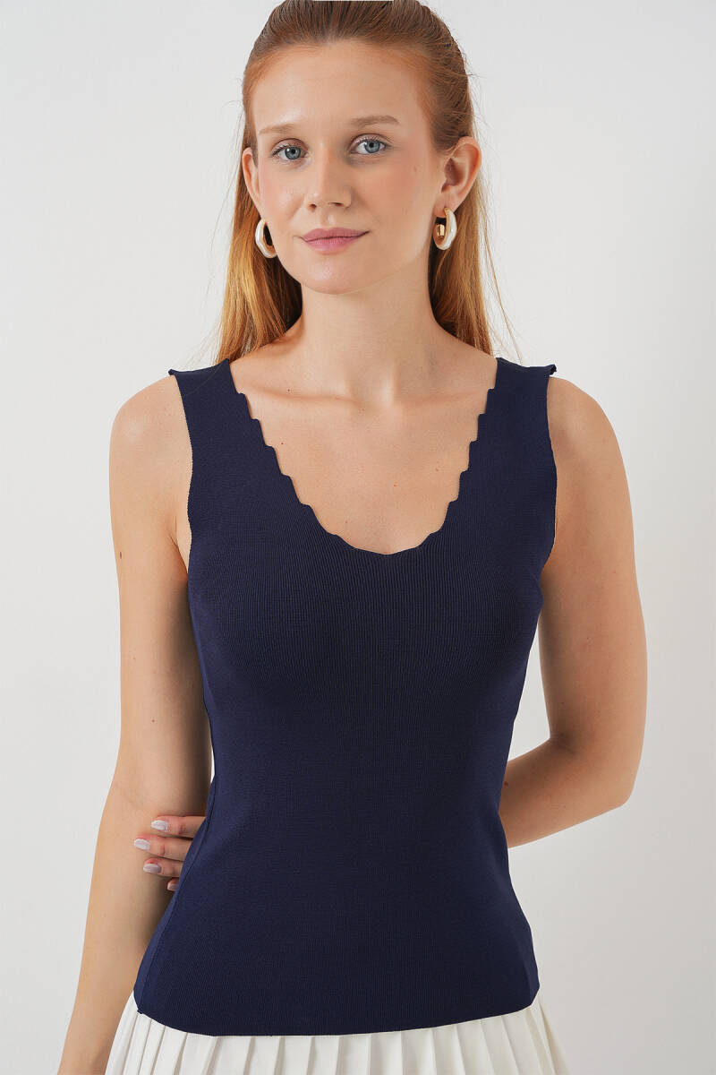 Kadın Zikzaklı V Yaka Bluz 15930 - Lacivert - BİGDART