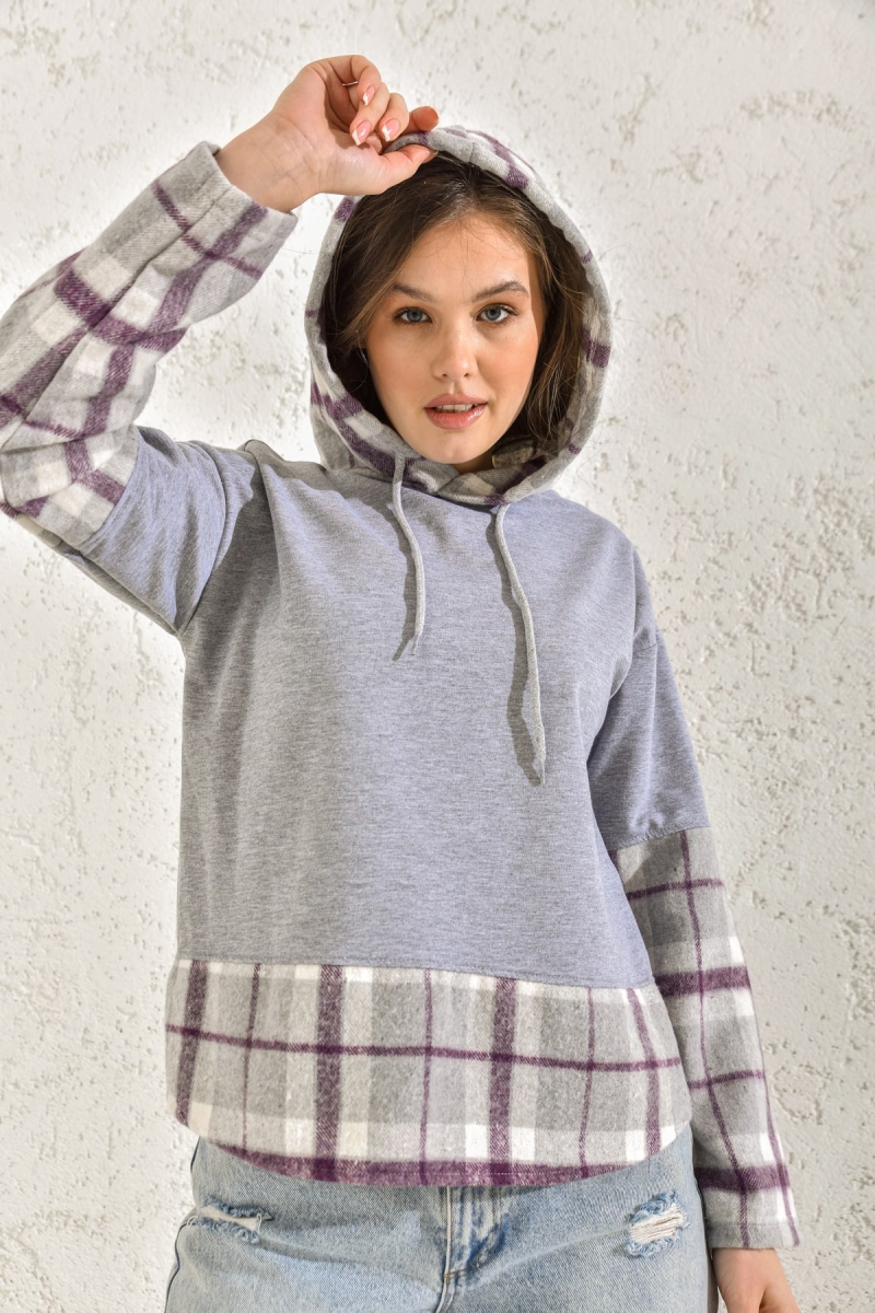 55381 Kapşonlu Sweatshirt - Mor - BİGDART