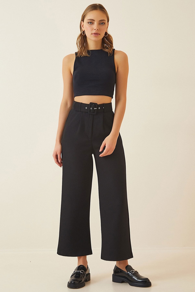 6539 Kemerli Yüksek Bel Pantolon - Siyah - BİGDART