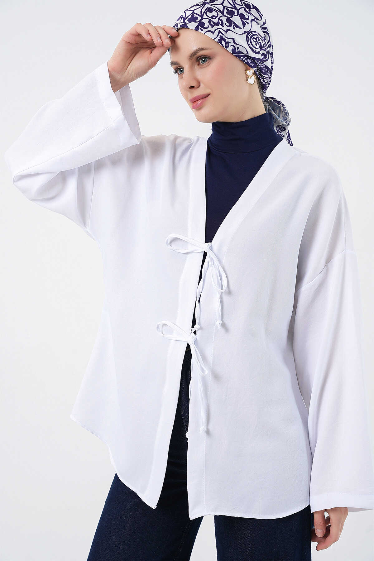 Keten Tesettür Kimono 5968 - Beyaz - 1