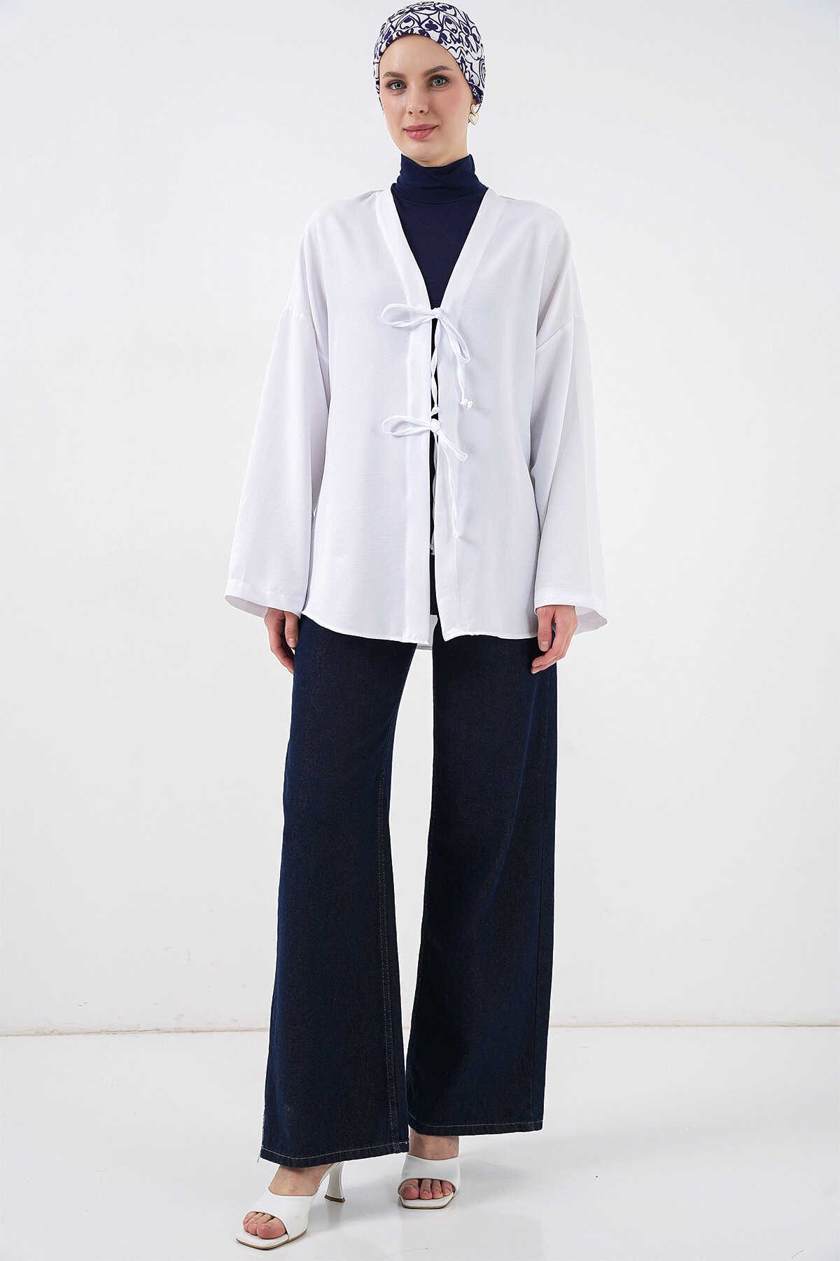 Keten Tesettür Kimono 5968 - Beyaz - 2