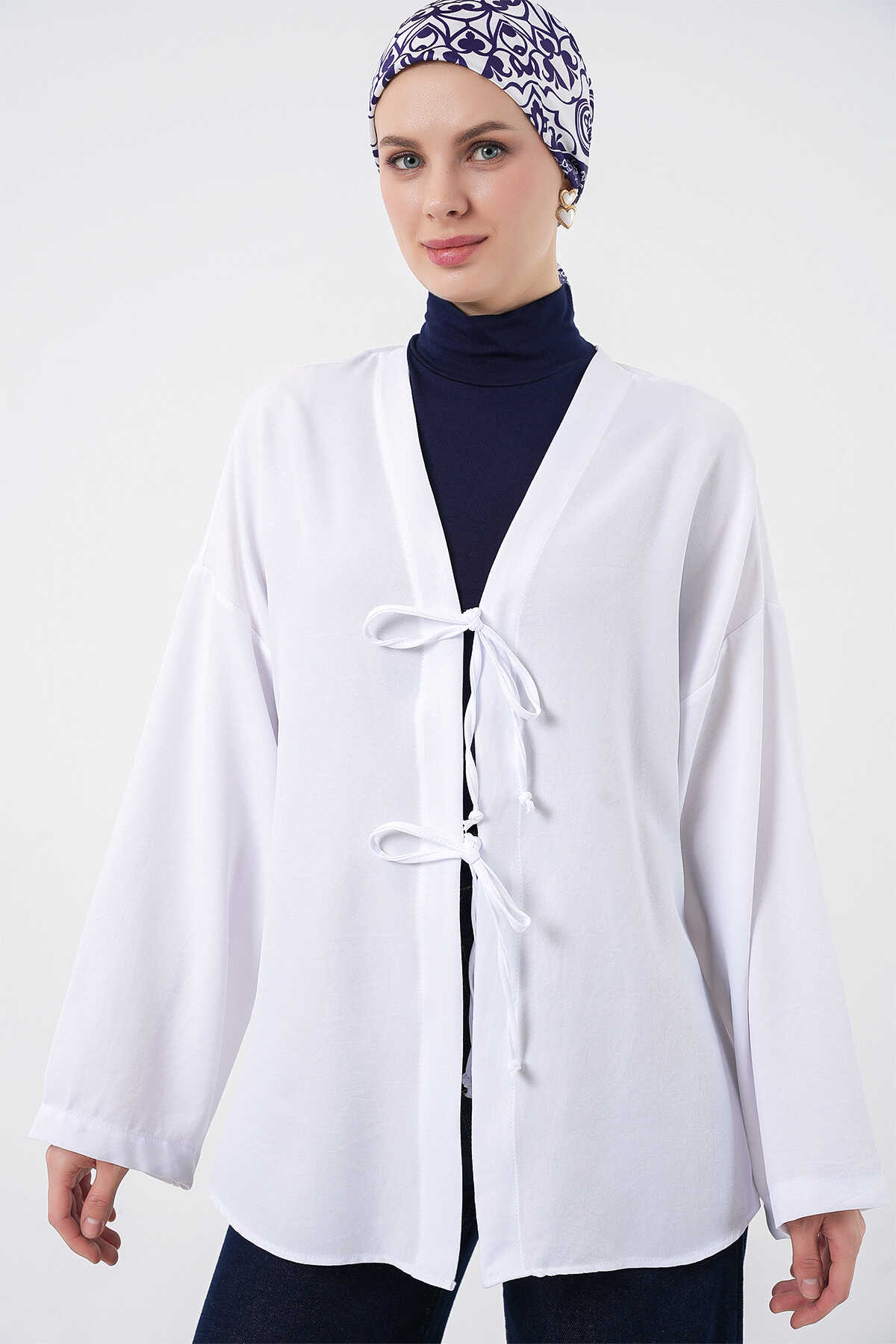 Keten Tesettür Kimono 5968 - Beyaz - 3