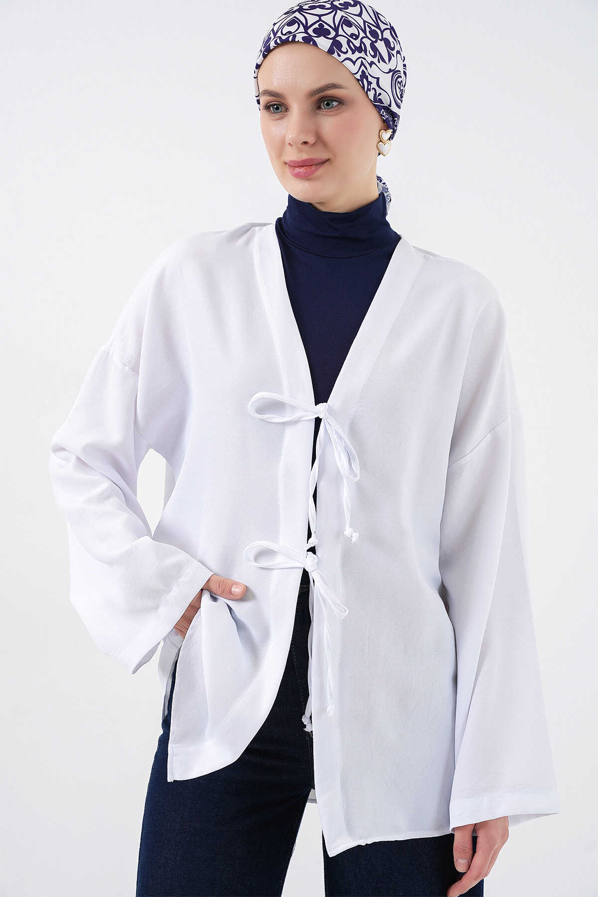 Keten Tesettür Kimono 5968 - Beyaz - 4