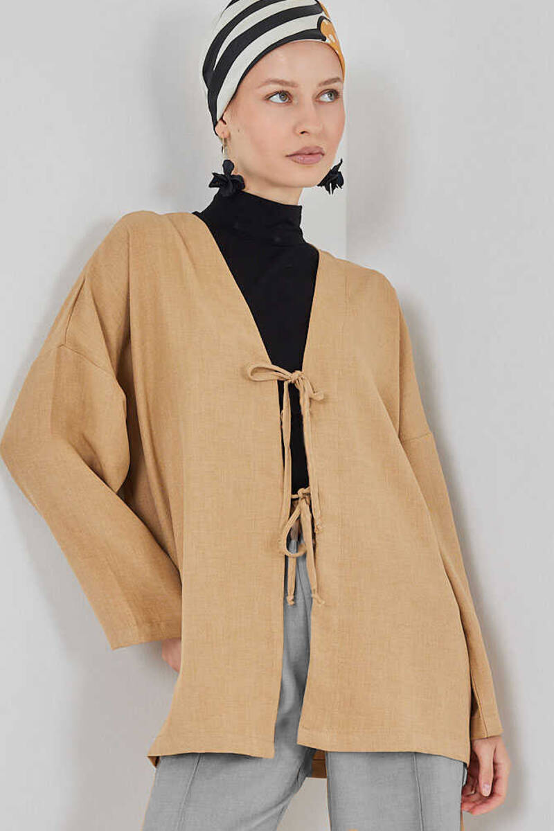 Keten Tesettür Kimono 5968 - Camel - BİGDART
