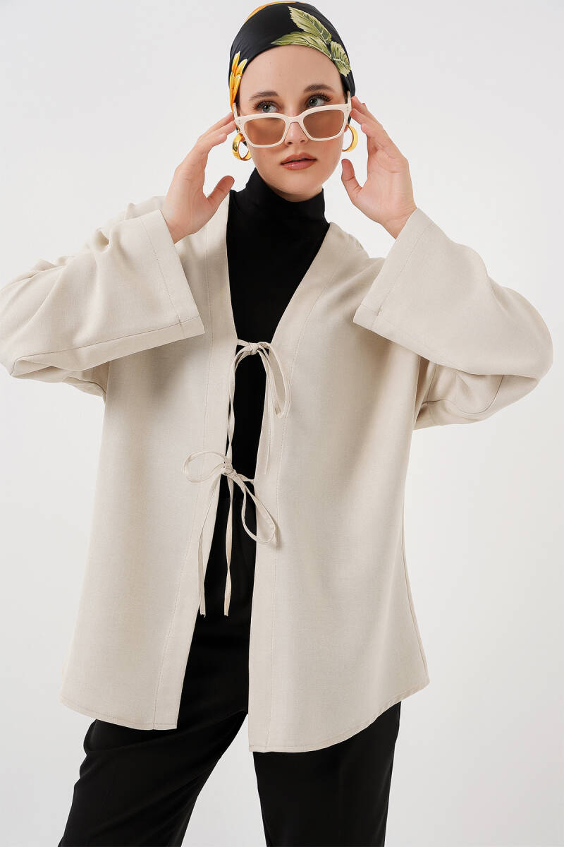 Keten Tesettür Kimono 5968 - Ekru - BİGDART