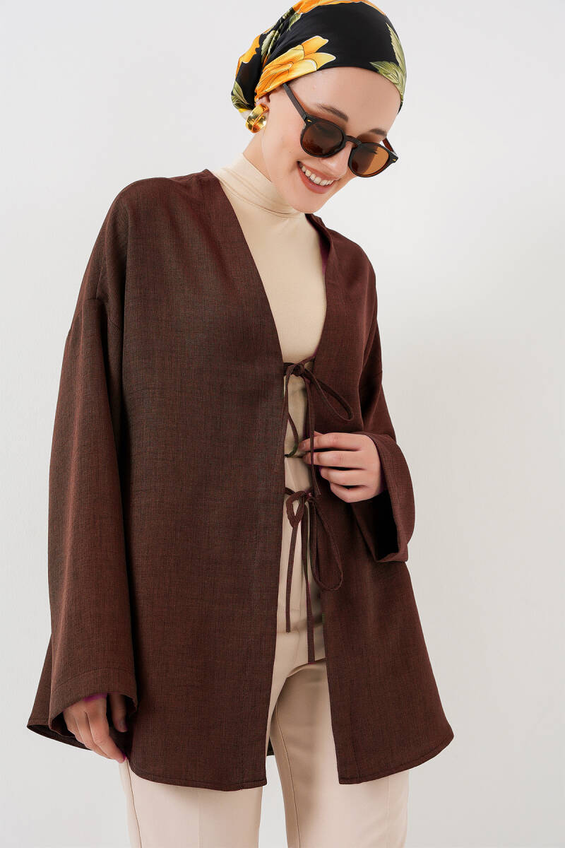 Keten Tesettür Kimono 5968 - Kahverengi - BİGDART