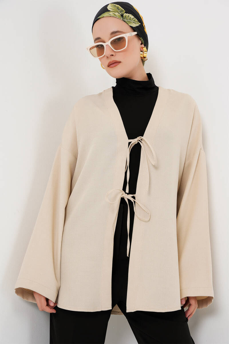 Keten Tesettür Kimono 5968 - Krem - BİGDART