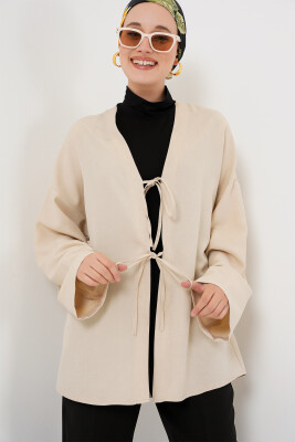Keten Tesettür Kimono 5968 - Krem - 4