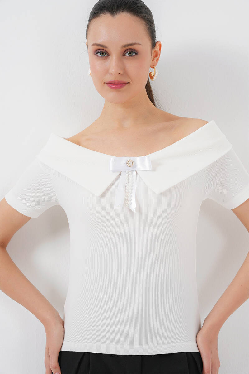 Kurdele Detaylı Örme Bluz 949 - Beyaz - BİGDART