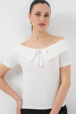 Kurdele Detaylı Örme Bluz 949 - Beyaz - 3