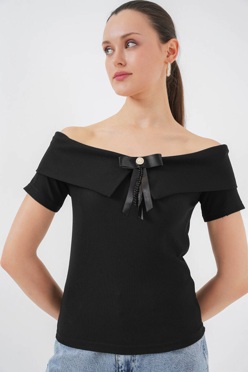 Kurdele Detaylı Örme Bluz 949 - Siyah - BİGDART