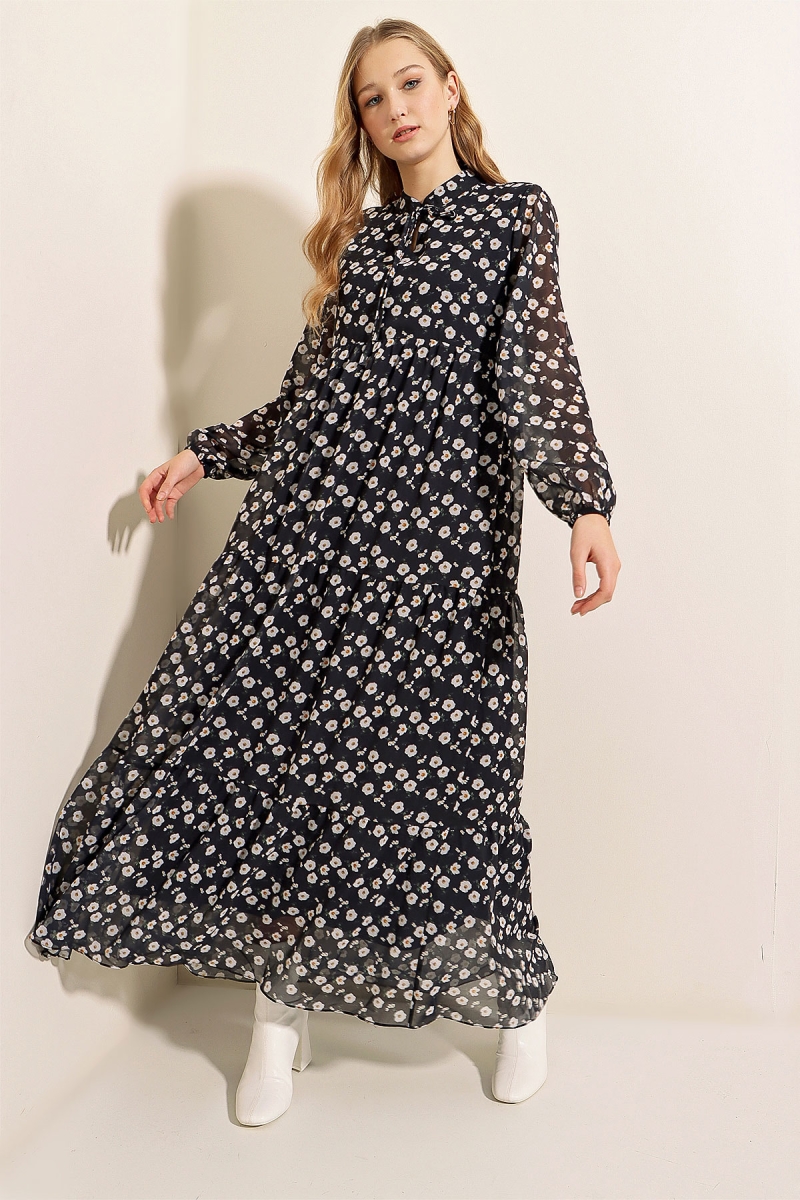 2135 Astarlı Şifon Elbise - Lacivert - BİGDART