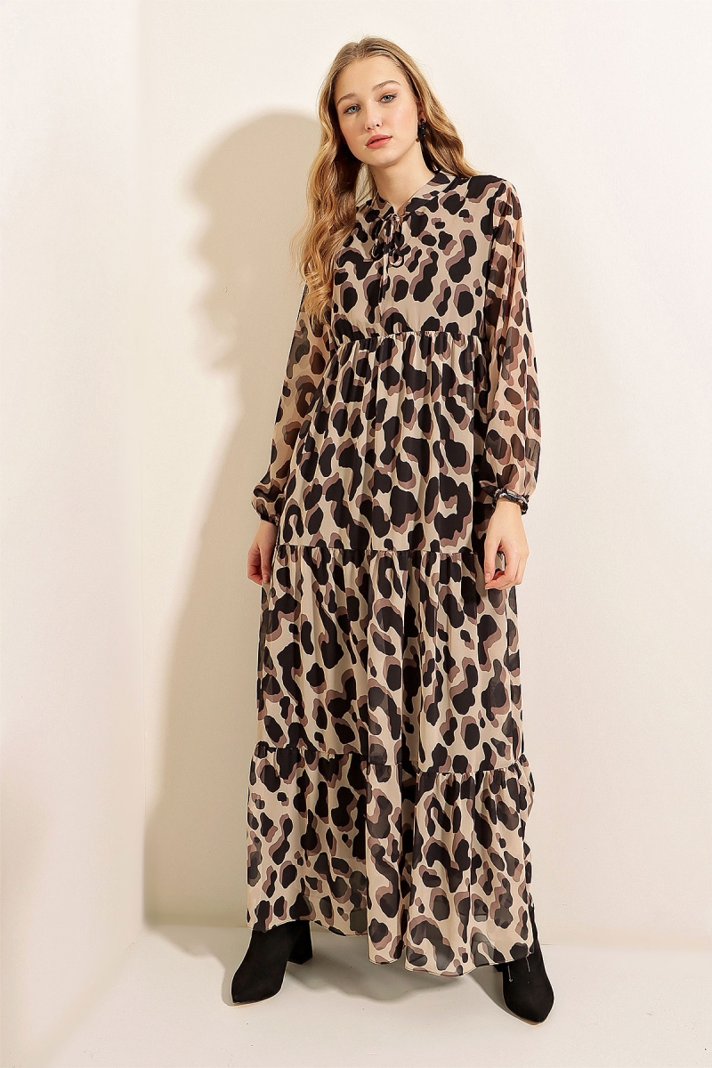 2135 Astarlı Şifon Elbise - Bej - BİGDART