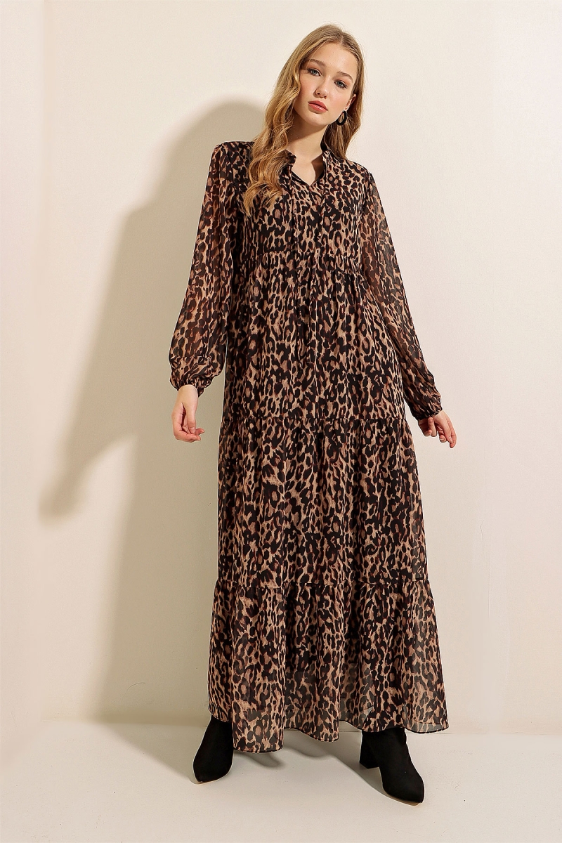 2135 Astarlı Şifon Elbise - C. Kahverengi - BİGDART