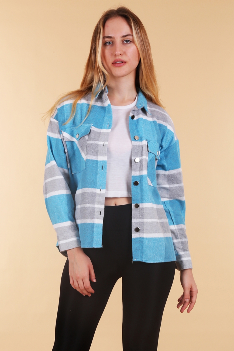 3853 Mavi Ekose Desen Çift Cepli Gömlek - BİGDART