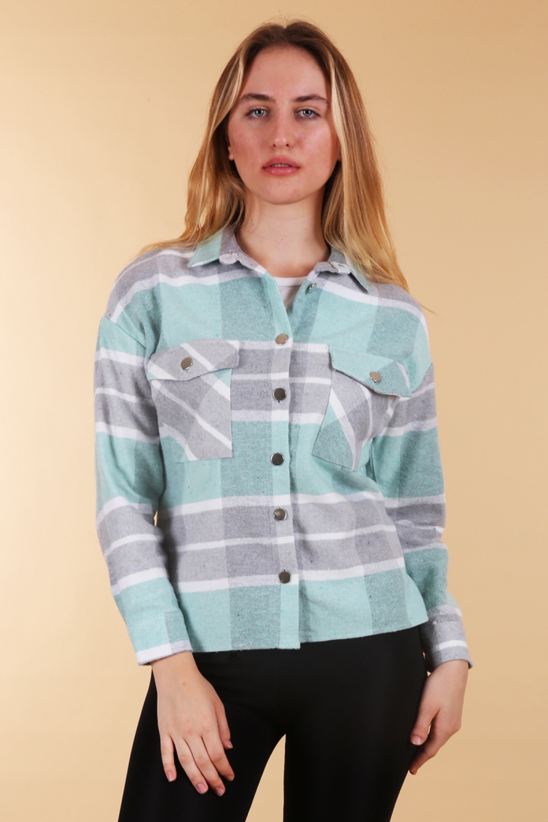 3853 Mint Ekose Desen Çift Cepli Gömlek - BİGDART