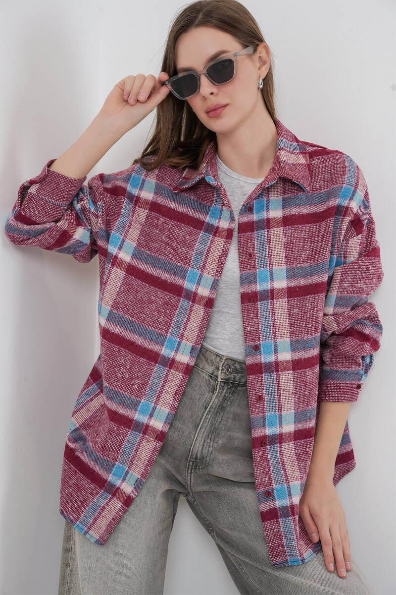 Kadın Ekose Desen Oversize Oduncu Gömlek 3854 Mor - BİGDART