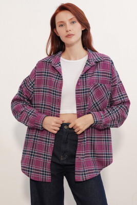 Kadın Ekose Desen Oversize Oduncu Gömlek 3854 Mor 