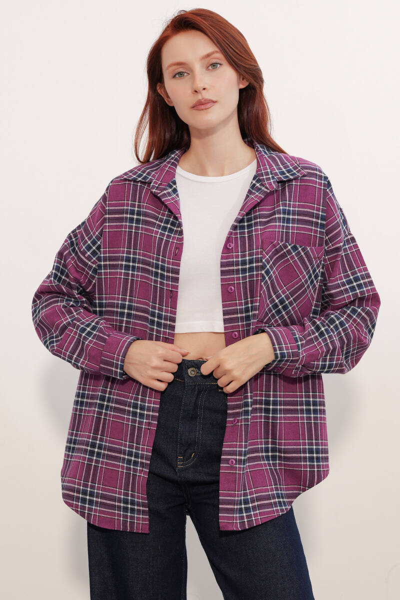 Kadın Ekose Desen Oversize Oduncu Gömlek 3854 Mor