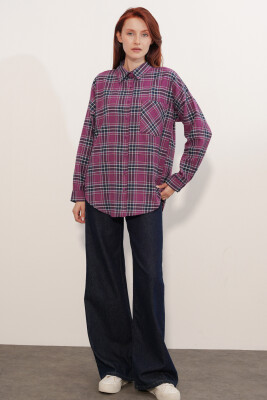 Kadın Ekose Desen Oversize Oduncu Gömlek 3854 Mor - 2