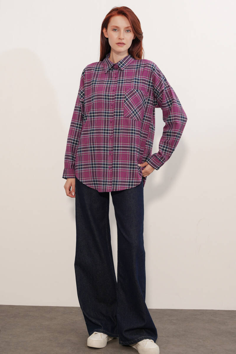 Kadın Ekose Desen Oversize Oduncu Gömlek 3854 Mor (1)
