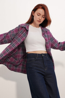 Kadın Ekose Desen Oversize Oduncu Gömlek 3854 Mor - 3