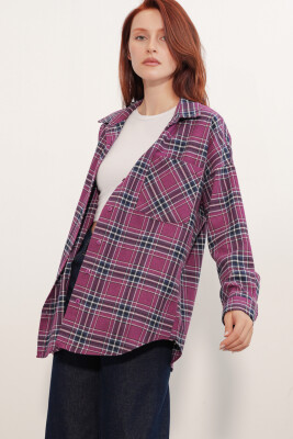 Kadın Ekose Desen Oversize Oduncu Gömlek 3854 Mor - 4
