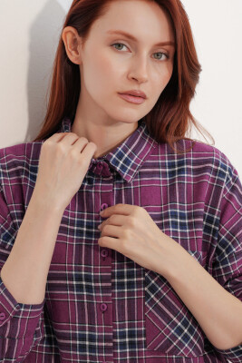 Kadın Ekose Desen Oversize Oduncu Gömlek 3854 Mor - 5