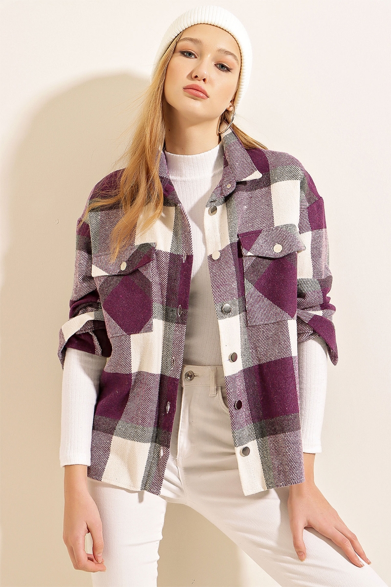 3854 Ekose Desen Çift Cepli Gömlek - Mor - BİGDART