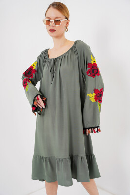 Nakışlı Midi Elbise 2531 - Haki 