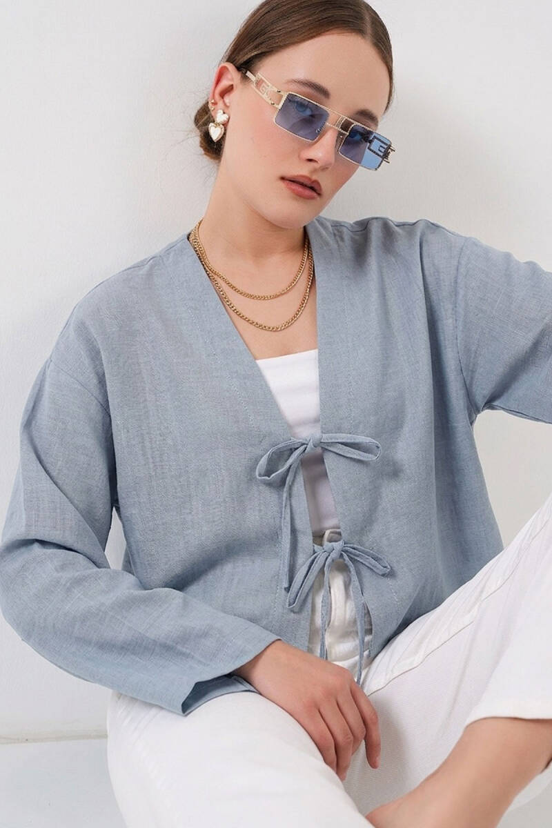 Önü Bağlamalı Keten Kimono 960 - Açık Mavi - BİGDART