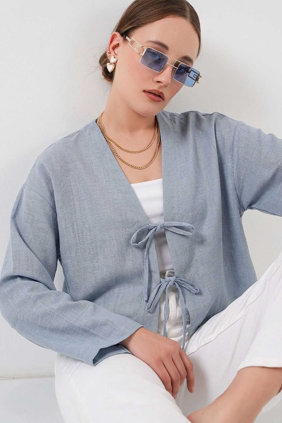 Önü Bağlamalı Keten Kimono 960 - Açık Mavi - 1