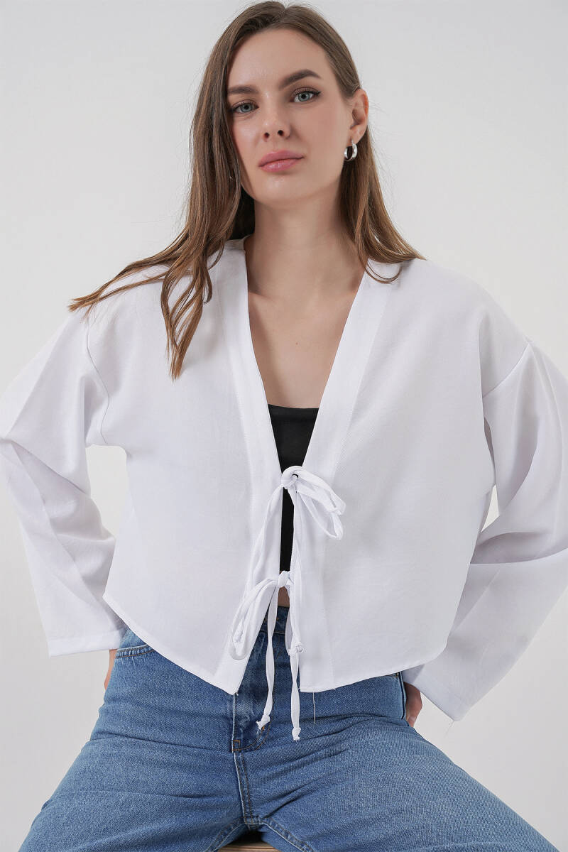 Önü Bağlamalı Keten Kimono 960 - Beyaz - BİGDART