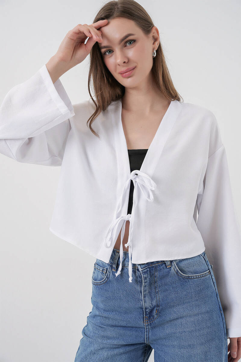 Önü Bağlamalı Keten Kimono 960 - Beyaz (1)